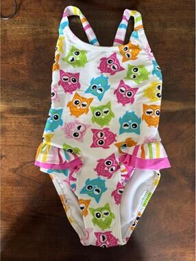 Beach Native Girls 4T Owl Print Ruffle One Piece Swimsuit